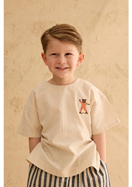 Erkek Oversize Keten Gömlek Bisiklet Yaka Doğal Renk Kısa Kol modelleri