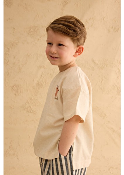 Erkek Oversize Keten Gömlek Bisiklet Yaka Doğal Renk Kısa Kol fırsatları