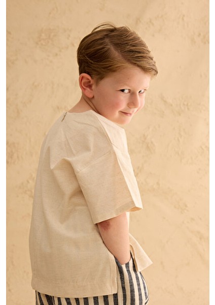 Erkek Oversize Keten Gömlek Bisiklet Yaka Doğal Renk Kısa Kol