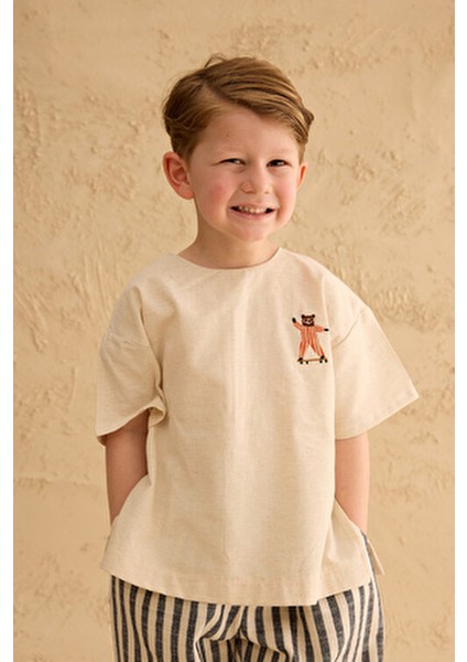 Erkek Oversize Keten Gömlek Bisiklet Yaka Doğal Renk Kısa Kol