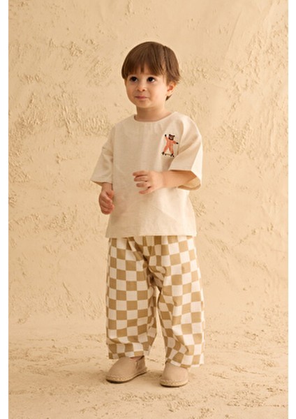 Erkek Oversize Keten Gömlek Bisiklet Yaka Doğal Renk Kısa Kol