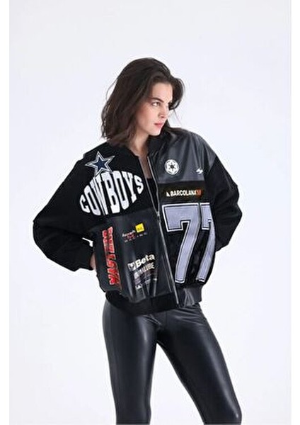 Kadın Oversize Baskılı Deri Motorcu Montu Fermuarlı Yarışçı Ceket Astarlı Bomber Kolej Mont fiyatları