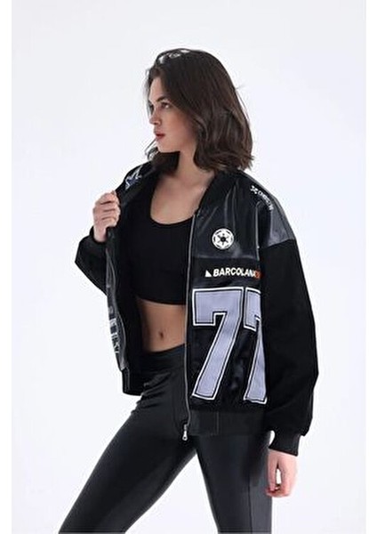 Kadın Oversize Baskılı Deri Motorcu Montu Fermuarlı Yarışçı Ceket Astarlı Bomber Kolej Mont modelleri