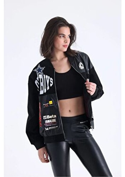 Kadın Oversize Baskılı Deri Motorcu Montu Fermuarlı Yarışçı Ceket Astarlı Bomber Kolej Mont fırsatları