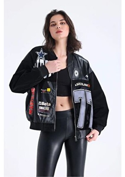 Kadın Oversize Baskılı Deri Motorcu Montu Fermuarlı Yarışçı Ceket Astarlı Bomber Kolej Mont indirimleri