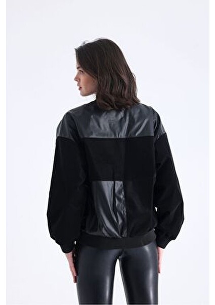 Kadın Oversize Baskılı Deri Motorcu Montu Fermuarlı Yarışçı Ceket Astarlı Bomber Kolej Mont