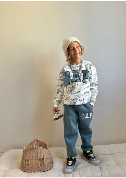 Dino Baskili Şardonlu 3 Iplik Sweatshirt-Eşofman Altı Kışlık Erkek Çocuk Takım