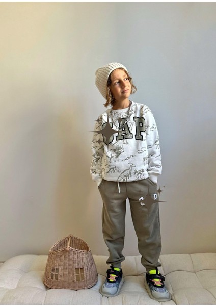 Dino Baskili Şardonlu 3 Iplik Sweatshirt-Eşofman Altı Kışlık Erkek Çocuk Takım