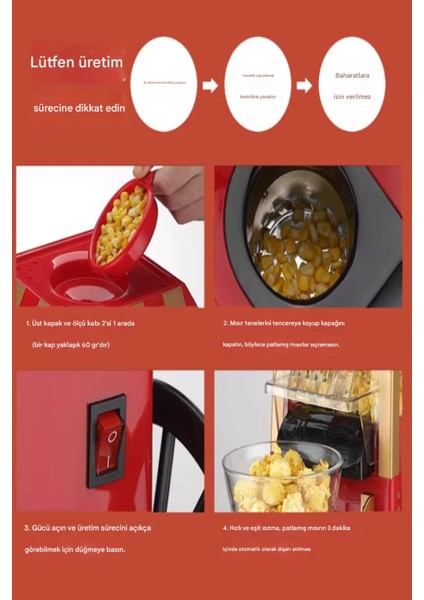 Mutfaksever Kırmızı Mısır Patlatma Popcorn Makinesi Kırmızı Yağsız Popcorn 1200W fiyatları