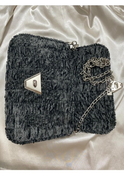 El Yapımı Kadife & Kanvas Örgü Kadın Omuz Çantası - Antrasit fiyatları