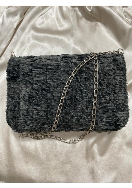 El Yapımı Kadife & Kanvas Örgü Kadın Omuz Çantası - Antrasit modelleri