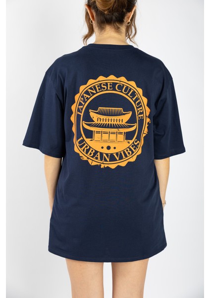 Unisex Oversize Japanese Culture Sırt Baskılı Lacivert Tişört