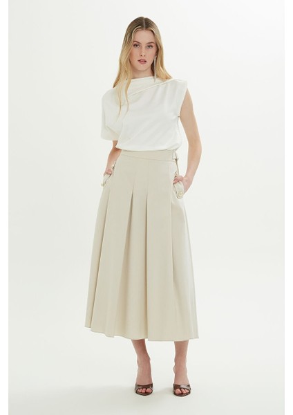 Beli Kuşaklı Pileli Ekru Midi Etek