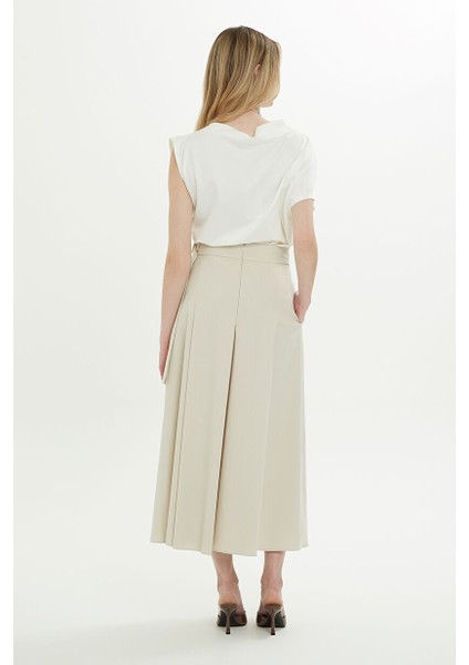 Beli Kuşaklı Pileli Ekru Midi Etek modelleri