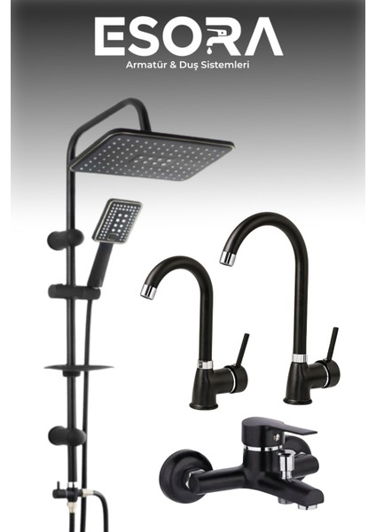 Siyah Robot Tepe Yağmurlama Delta Banyo-Mutfak-Lavabo Bataryası Musluğu Çeşmesi 4' lü Set Paslanmaz