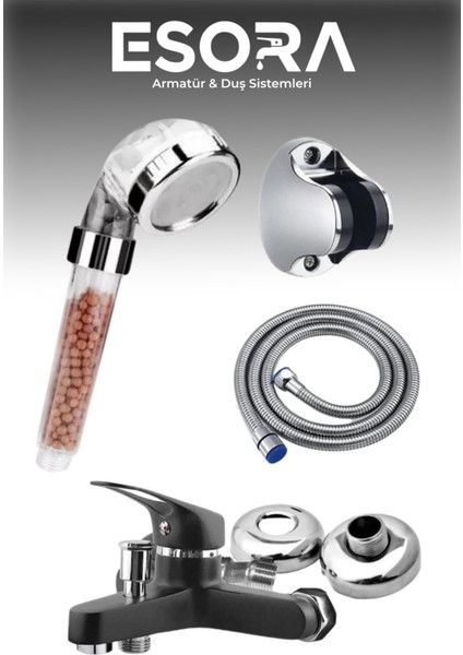 Siyah Banyo Bataryası Duş Başlığı Hortumu ve Mafsalı Set