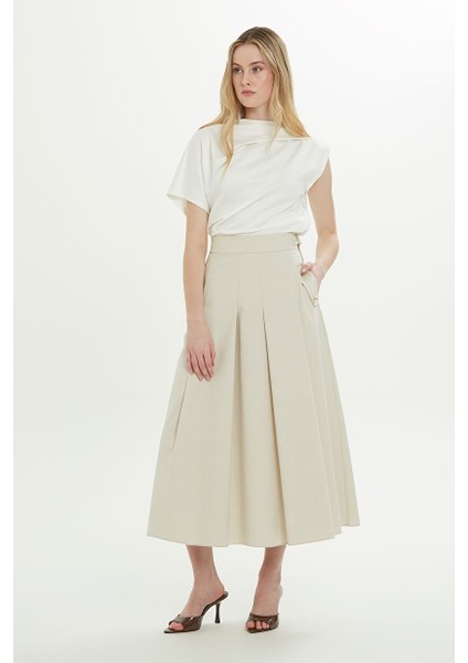 Beli Kuşaklı Pileli Ekru Midi Etek fiyatları