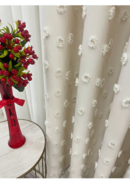 Ekru Renk Ponponlu Pufy Fon Perde 1/3 Sık Pile fırsatları