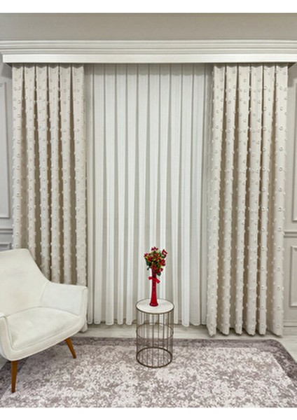 Ekru Renk Ponponlu Pufy Fon Perde 1/3 Sık Pile indirimleri