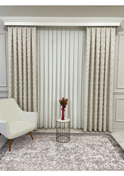 Ekru Renk Ponponlu Pufy Fon Perde 1/3 Sık Pile