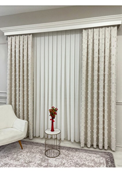 Ekru Renk Ponponlu Pufy Fon Perde 1/3 Sık Pile