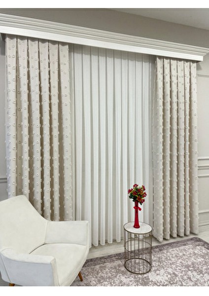 Ekru Renk Ponponlu Pufy Fon Perde 1/3 Sık Pile