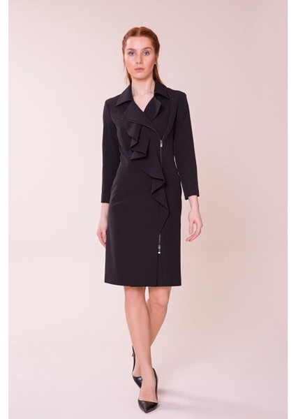 Fırfır Detaylı Siyah Elbise