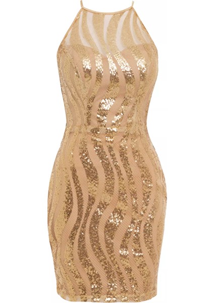 Altın Pul Payet Kolsuz Kısa Elbise