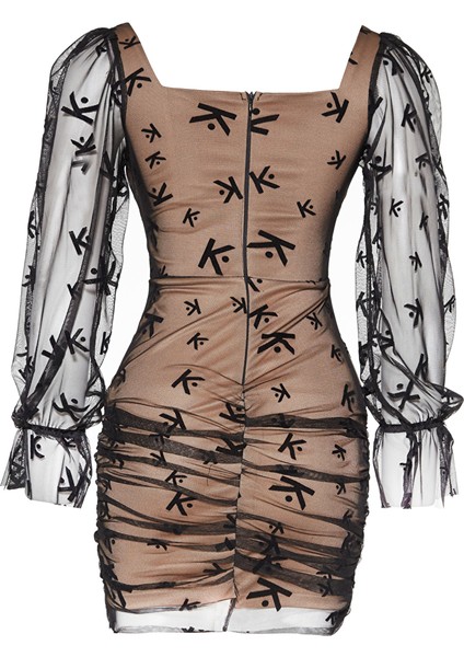 Desenli Tül Uzun Kol Kısa Elbise