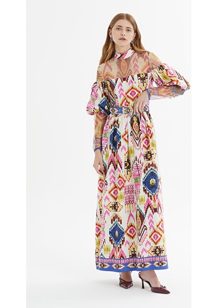 Balon Kollu Beli Kemerli Metal Tokalı Desenli Uzun Elbise