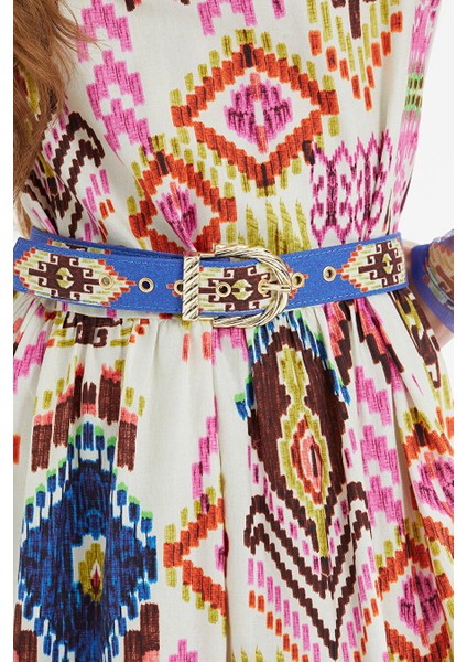 Balon Kollu Beli Kemerli Metal Tokalı Desenli Uzun Elbise modelleri