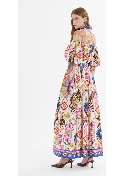 Balon Kollu Beli Kemerli Metal Tokalı Desenli Uzun Elbise fırsatları