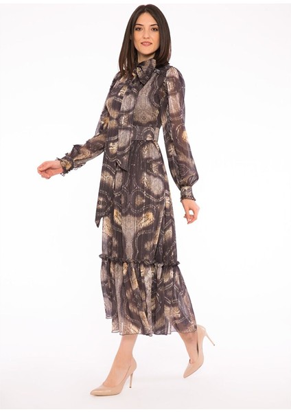 Deseli Uzun Kolllu Midi Elbise