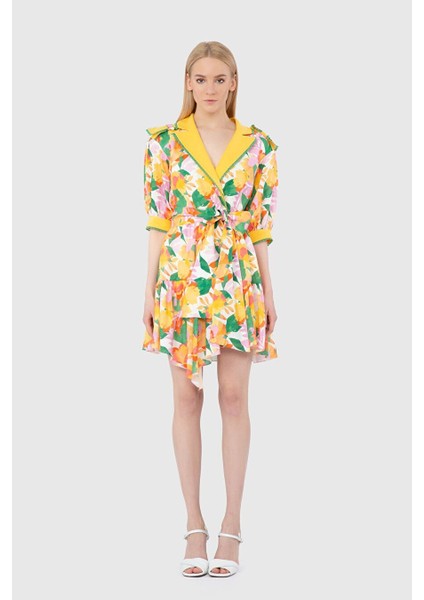 V Yaka ve Kuşak Bağlamalı Turuncu Elbise