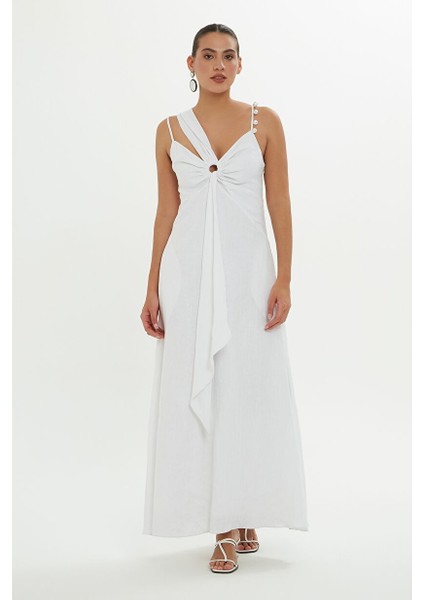 Kol Detaylı Uzun Beyaz Elbise