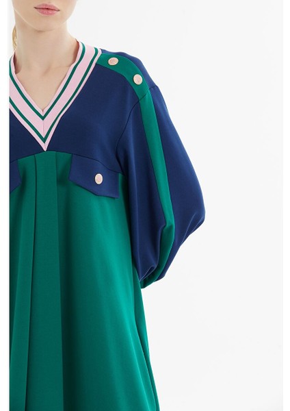 Düğme Detaylı V Yaka Yeşil ve Lacivert Elbise fiyatları