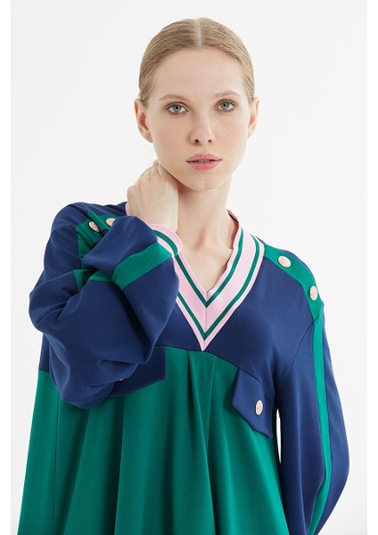 Düğme Detaylı V Yaka Yeşil ve Lacivert Elbise modelleri