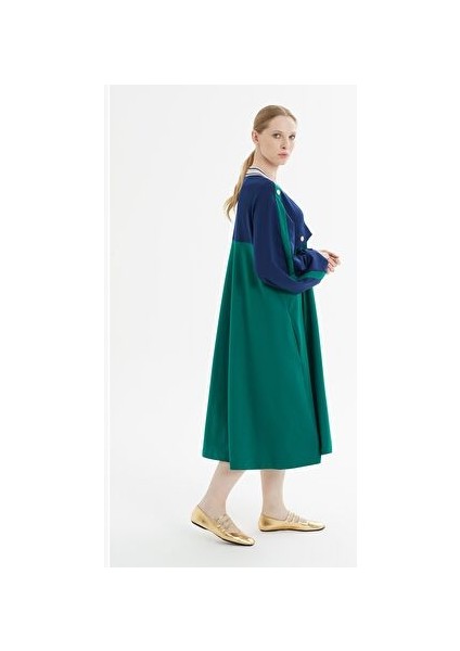 Düğme Detaylı V Yaka Yeşil ve Lacivert Elbise fırsatları