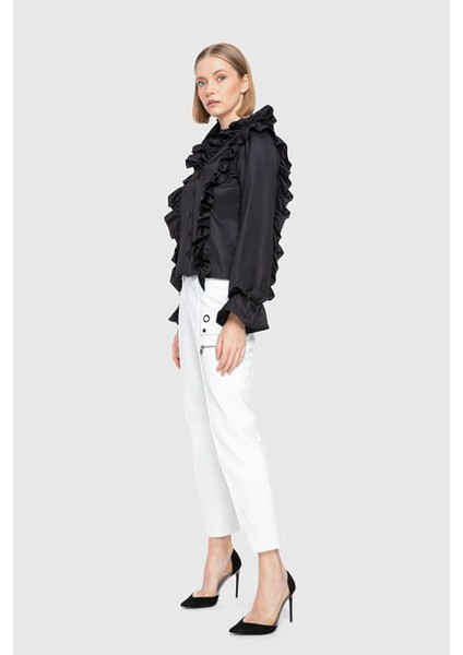 Yakası ve Kenarları Pile Detaylı Siyah Gömlek fiyatları