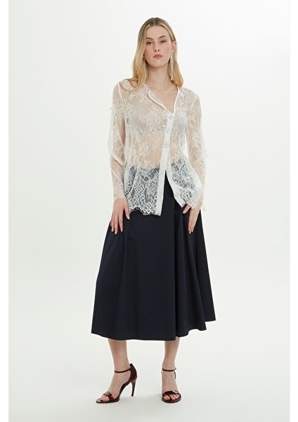 Asimetrik Transparan Ekru Bluz