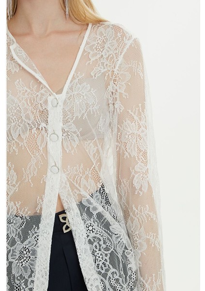 Asimetrik Transparan Ekru Bluz modelleri