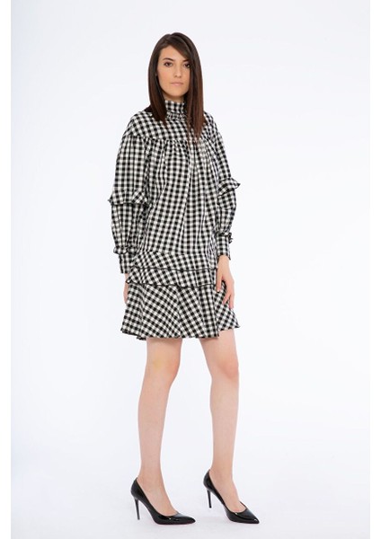 Fırfırlı Ekose Desenli Mini Siyah Elbise fiyatları