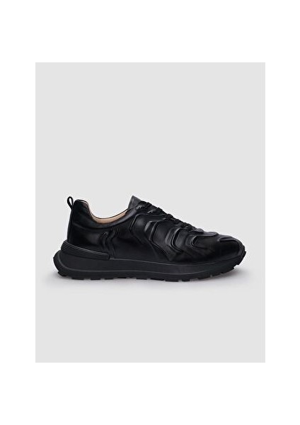 %100 Hakiki Deri Siyah Bağcıklı Kabartma Desenli Kadın Sneaker