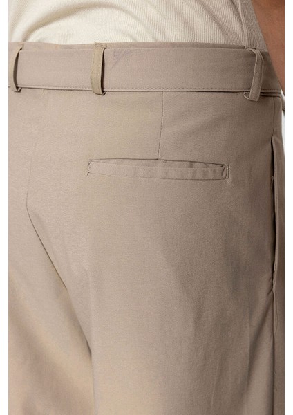 Kemerli Baggy Kumaş Pantolon Bej