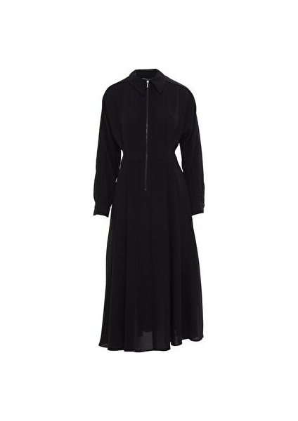 Dik Yaka Fermuar Detaylı Siyah Kloş Uzun Elbise