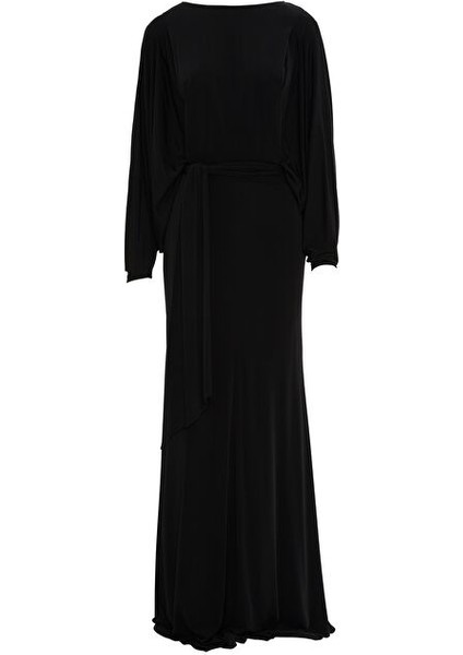 Sırt Dekolteli Etek Ucu Geniş Kalem Form Siyah Uzun Elbise