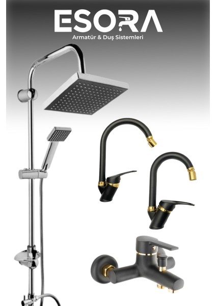 Krom Siyah Robot Duş Seti , Siyah Gold Oynar Uçlu Eviye , Lavabo , Banyo Bataryası 4’lü Set