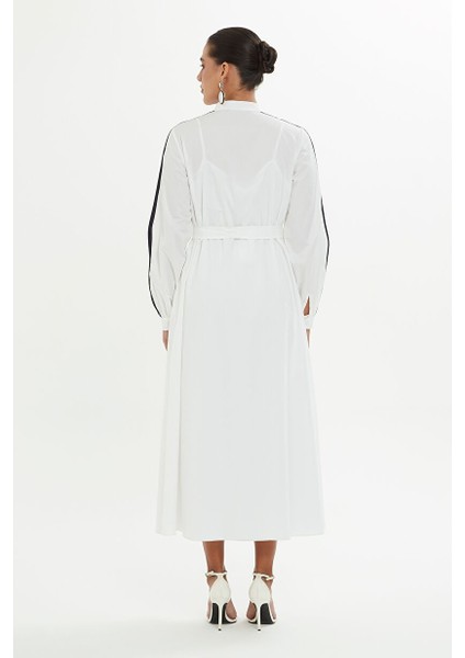 Şerit Detaylı Uzun Beyaz Elbise modelleri