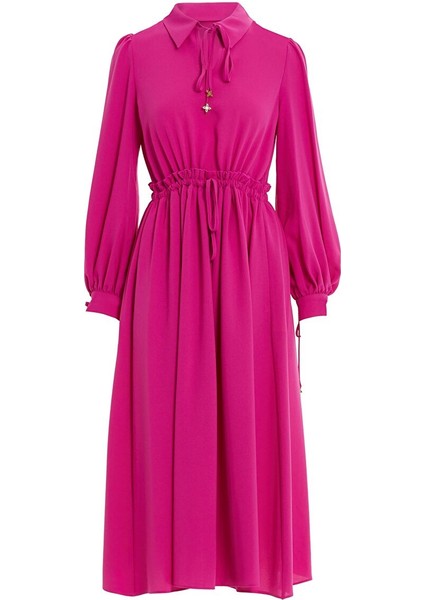 Yaka Su Damla Kesim Detaylı Eteği Kloş Midi Boy Elbise