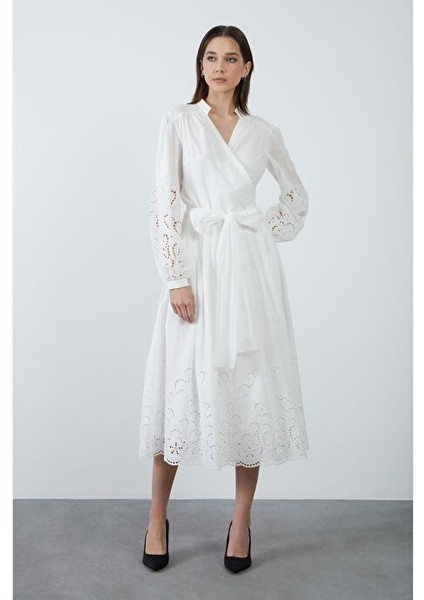 Kruvaze Pilise Detaylı Ekru Elbise